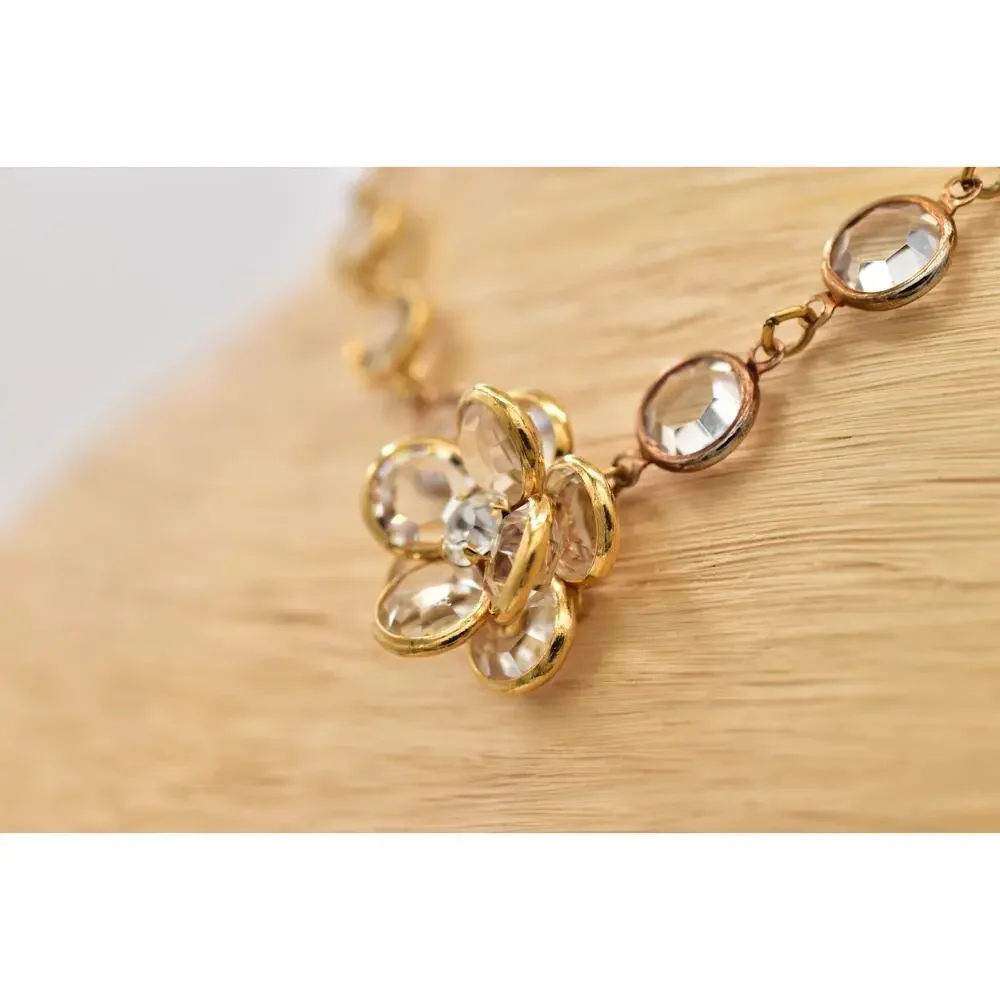 Vintage Clear Open Bezel Crystal Flower Necklace Collar Gold Rhinestone 1980s 9J